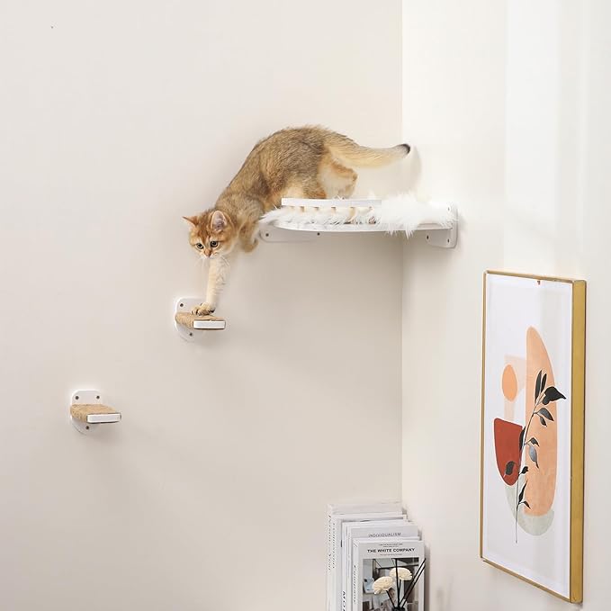 3-in-1 Cat Climbing Wall Steps with Hemp Rope, Shelves and Perches - Wall-Mounted Cat Furniture Set with Scratching Pads (White)