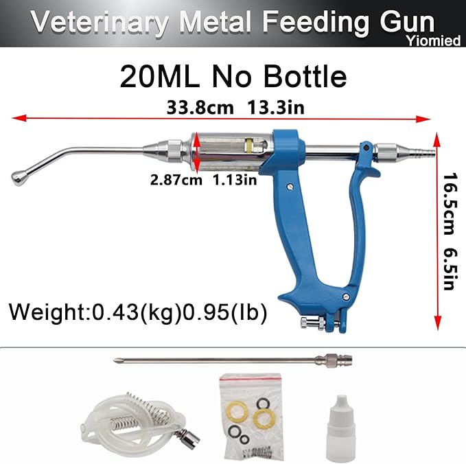 20ML Veterinary Metal Feeding Gun, Continuous Drench Gun Dosing Device Veterinary Adjustable Medicine Dispenser Husbandry Autonomous Feeding Tool, for Pig Cow, Sheep, Horse (Blue, 20ML No Bottle)
