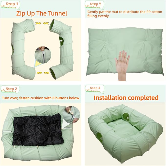 XxingSheep 4 Ways Shuttled XL Cat Tunnel Bed for Indoor Cats Peekaboo Cat Cave Donut with Cool Mat (Green)