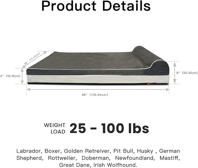 Laifug Orthopedic Memory Foam Extra Large Dog Bed with Pillow and Durable Water Proof Liner & Removable Washable Cover & Smart Design (Large (46"x28"x8"), Grey)