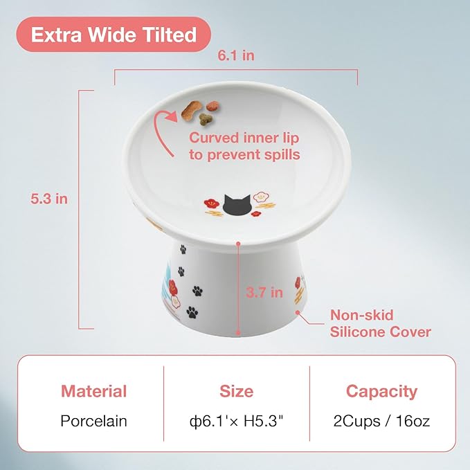 Necoichi Extra Wide Raised Cat Food Bowl, Elevated, Prevent Neck & Whisker Fatigue, Dishwasher and Microwave Safe, No.1 Seller in Japan! (Fuji, Extra Wide Tilted)