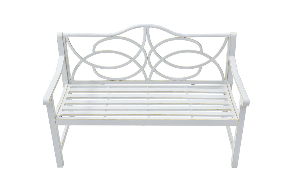 Outdoor Garden Patio Bench With Backrest And Armrest, Slatted Seat For Park, Yard & Porch, Balcony, Accommodates 2 - 3 People - White