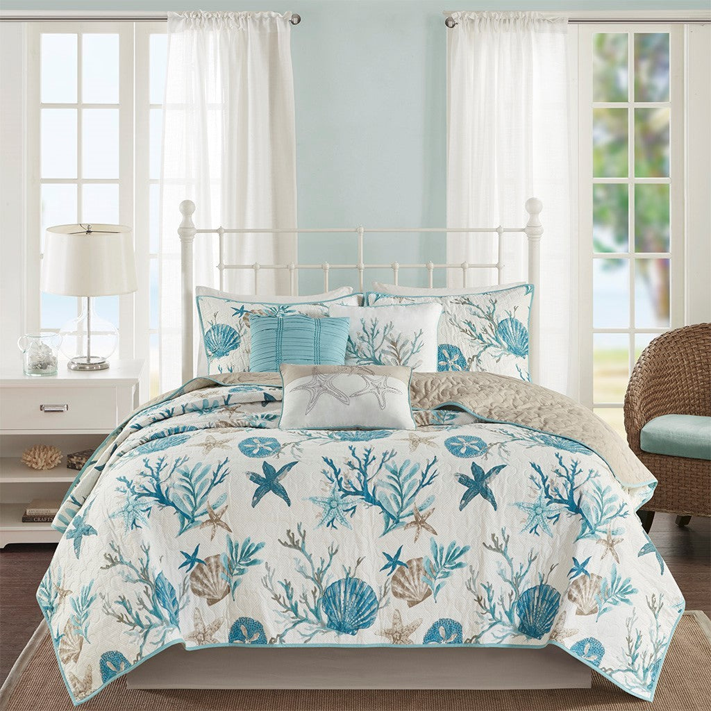 6 Piece Cotton Sateen Quilt Set with Throw Pillows Aqua Full/Queen