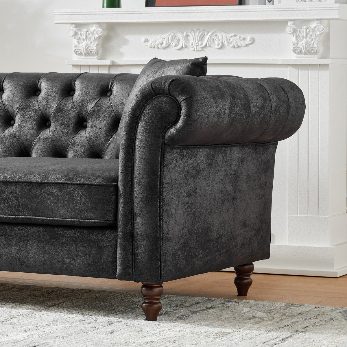 Chesterfield Sofa, High Tech Fabric Roll Armrest, 3 Seater Mid Century Modern Couch - Black