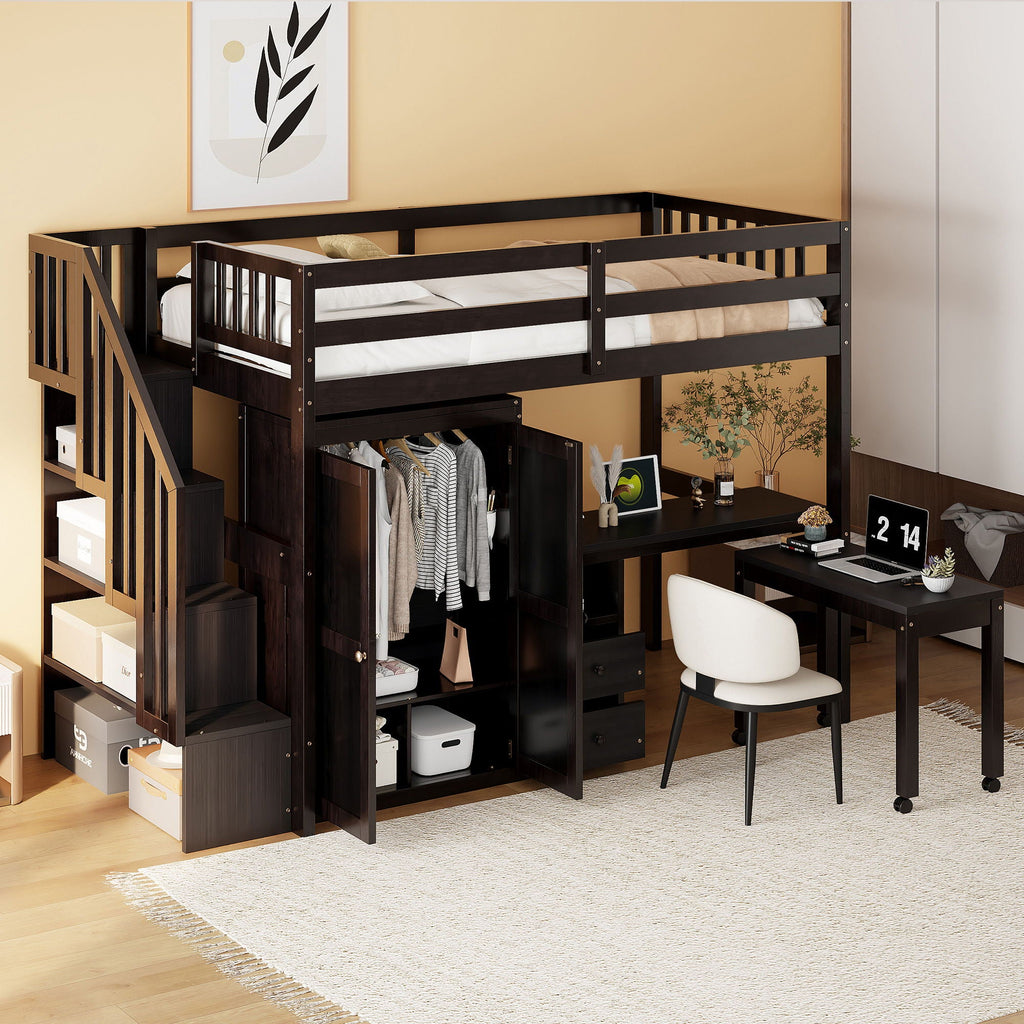Loft Bed With Stairs, Bookshelf, Drawers, Desk & Wardrobe, Space Saving Multifunctional Furniture