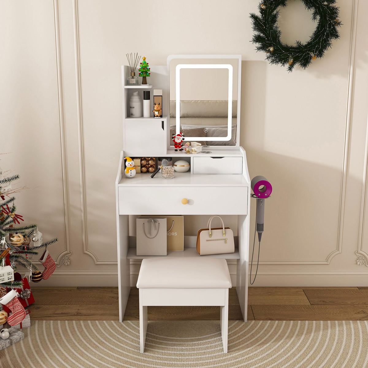 LED Vanity Mirror With Stool, 2 Drawers & 5 Storage Cabinets, Adjustable Lighting Mdf Dressing Table For Bedroom - White
