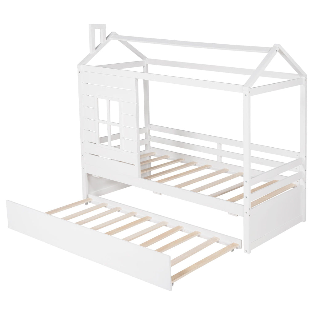 Twin Size Classic House Bed With Twin Size Trundle - White