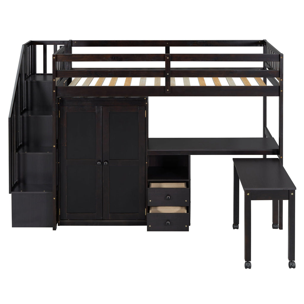 Loft Bed With Stairs, Bookshelf, Drawers, Desk & Wardrobe, Space Saving Multifunctional Furniture