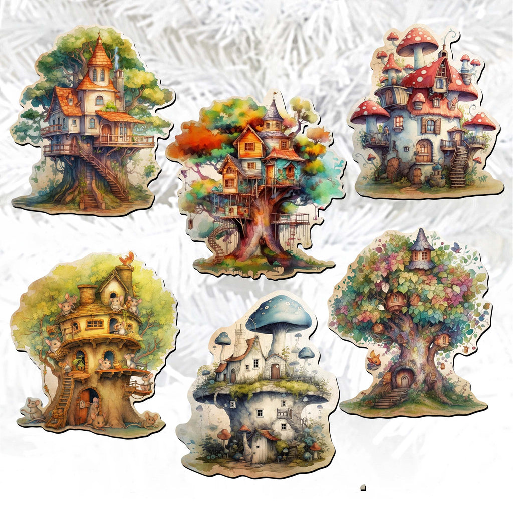 Tree House Clip-On Eco Wood Decorative Ornaments Set of 6 by G. Debrekht - Christmas Decor - 8090026C-S6