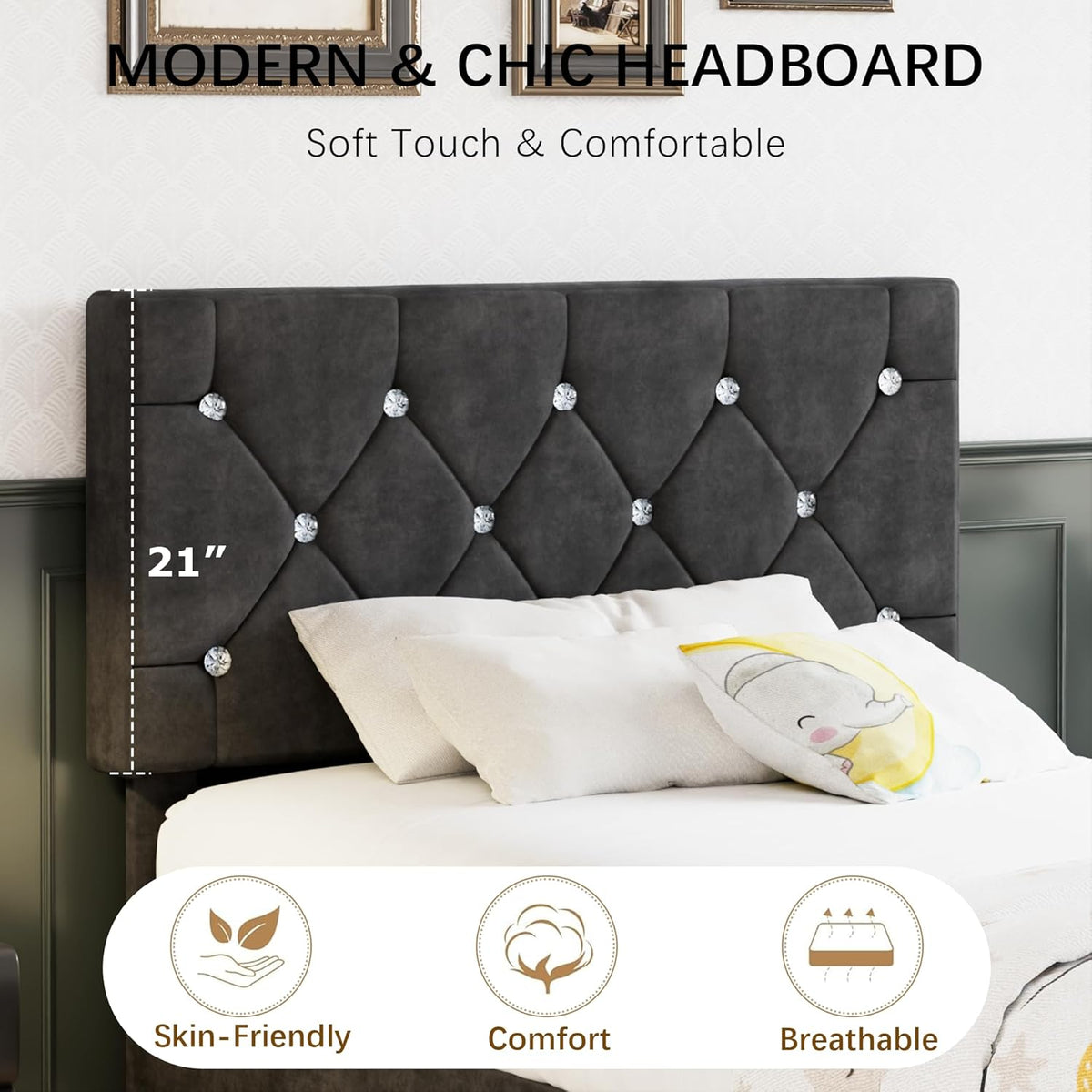 Twin Size Bed Frame, Upholstered Platform with Adjustable Diamond Tufted Headboard, Wood Slat Support, No Box Spring Needed, Velvet & Black