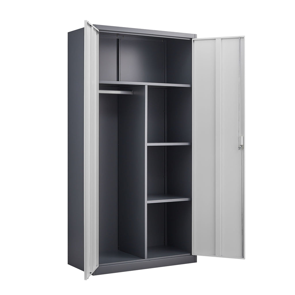 Wardrobe With Hanging Rod And Compartments, Lockable Closet With Locks & Keys For Bedroom - Gray