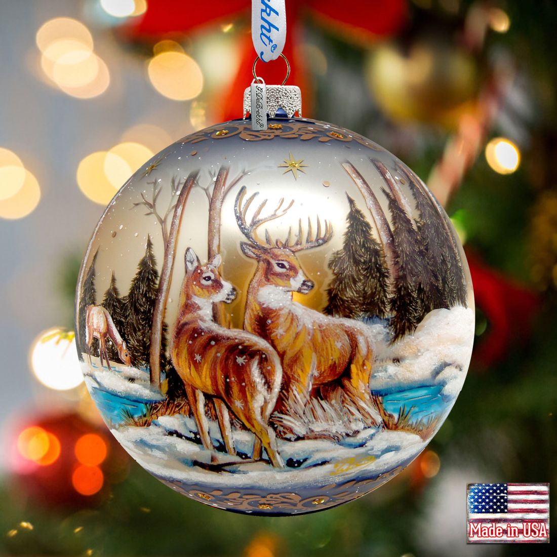 Peaceful Greetings Reindeers Ball Glass Ornament Limited Edition by G. DeBrekht - Christmas Decor - 73883