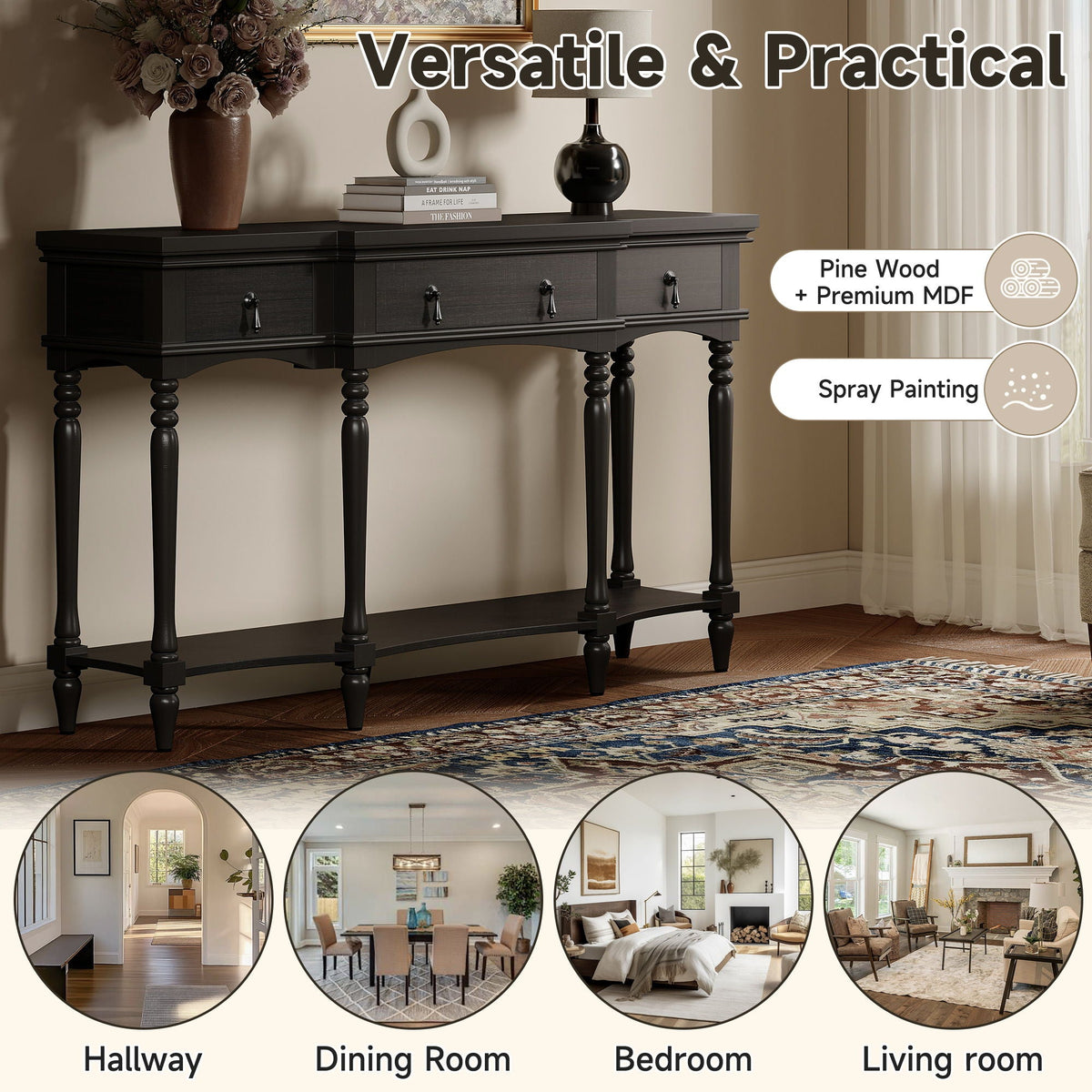 Retro Console Table With 3 Soft Close Drawers