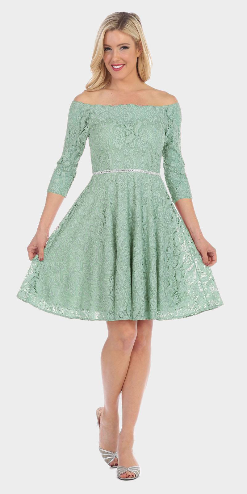 CLEARANCE - Celavie 6343S Off-the-Shoulder Short Lace A-Line Dress (Size XL)