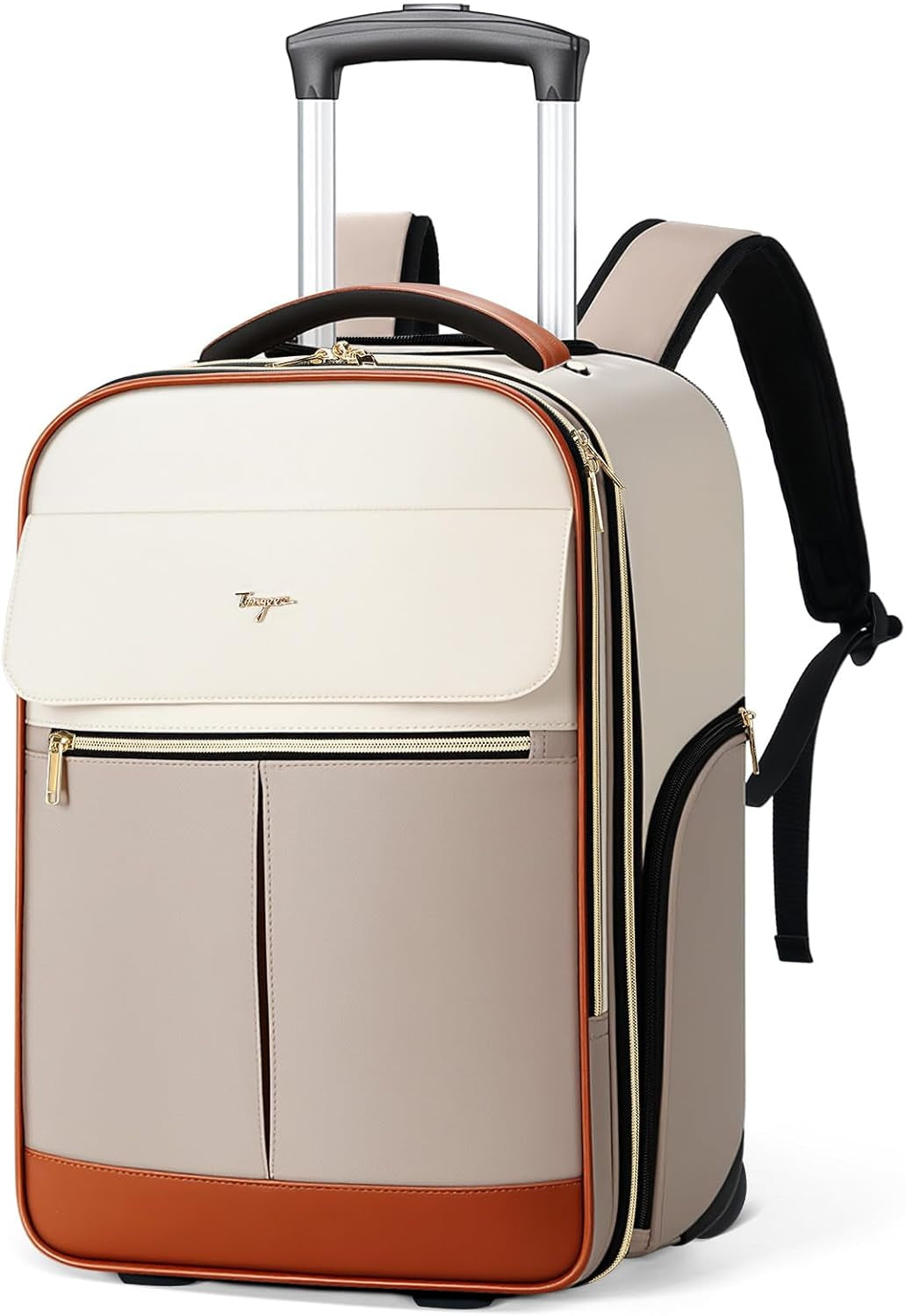 Rolling Backpack for Women, Large Travel Backpack with Wheels Carry on Flight Approved, 15.6 Inch Laptop Wheeled Roller Bag Suitcase for Work Bussiness Weekender (Khaki, M Underseat Size)