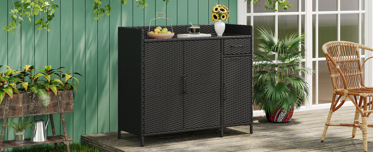 K&K 47.5"W Wicker Outdoor Storage Cabinet with Tempered Glass Top