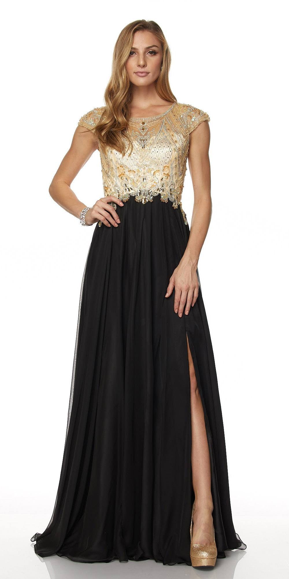 Juliet 636 Beaded Bodice Cap Sleeve Prom Gown with Slit and Train