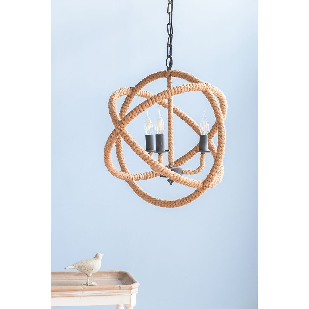 3 Light Farmhouse Chandelier, Rope Chandelier Globe Hanging Light Fixture With With Adjustable Chain For Kitchen, Bulb Not Included - Beige Brown