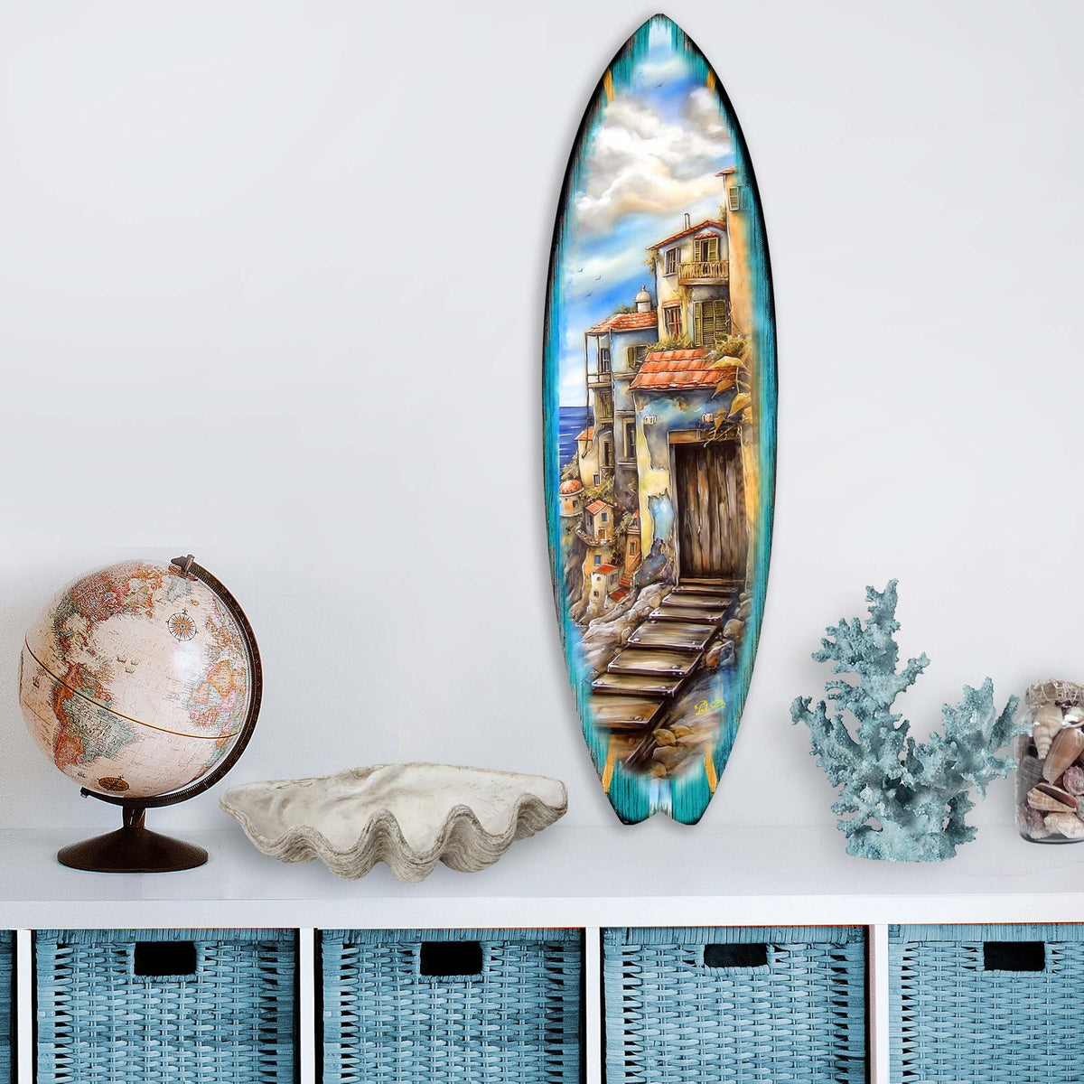 Mediterranean Seaside Surfboard Coastal Wall Art by G. DeBrekht - Coastal Holiday Decor - 8490118HS