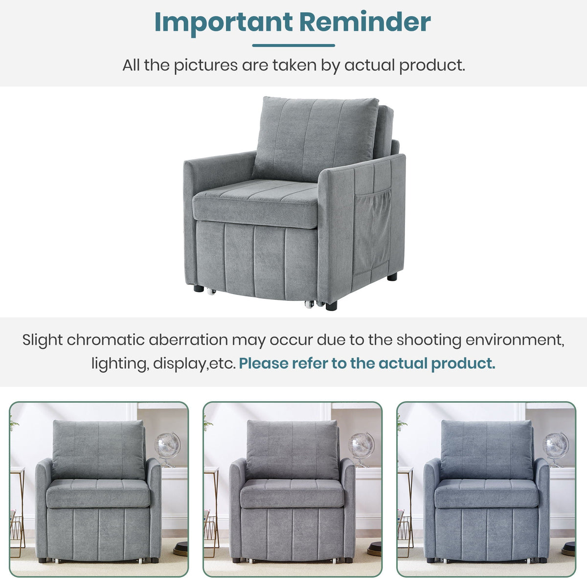 Upholstered Convertible Sleeper Sofa With 5 Position Backrest, Side Pockets, Storage