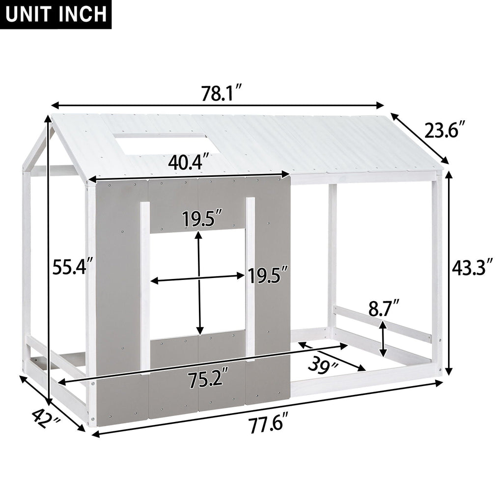 Twin Size House Platform Bed With Roof And Window - Natural / White