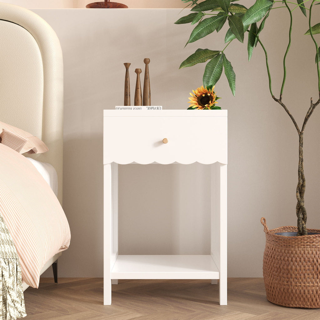 Nightstand With Drawer And Open Shelf, Scalloped Edge Bedside Table