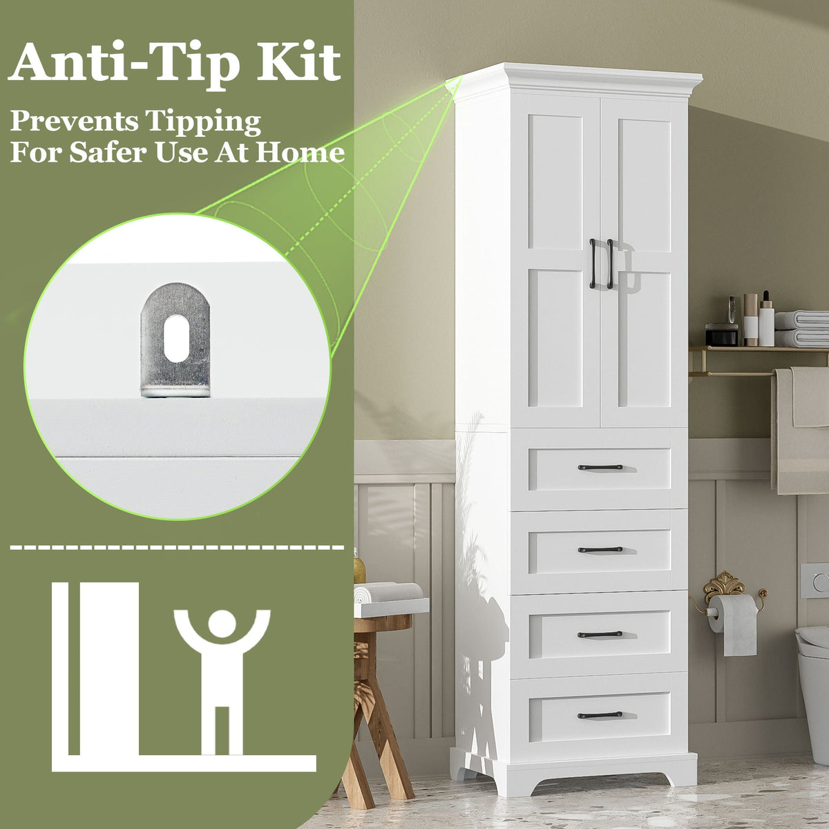 Bathroom Vanity With 2 Damping Hinge Doors, 3 Drawers, Adjustable Shelves - White