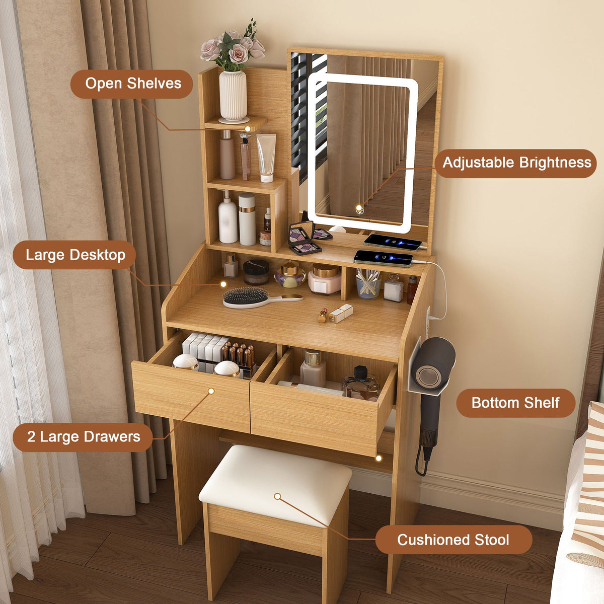 Vanity Table With LED Mirror, Power Outlet, Hairdryer Holder & Padded Stool