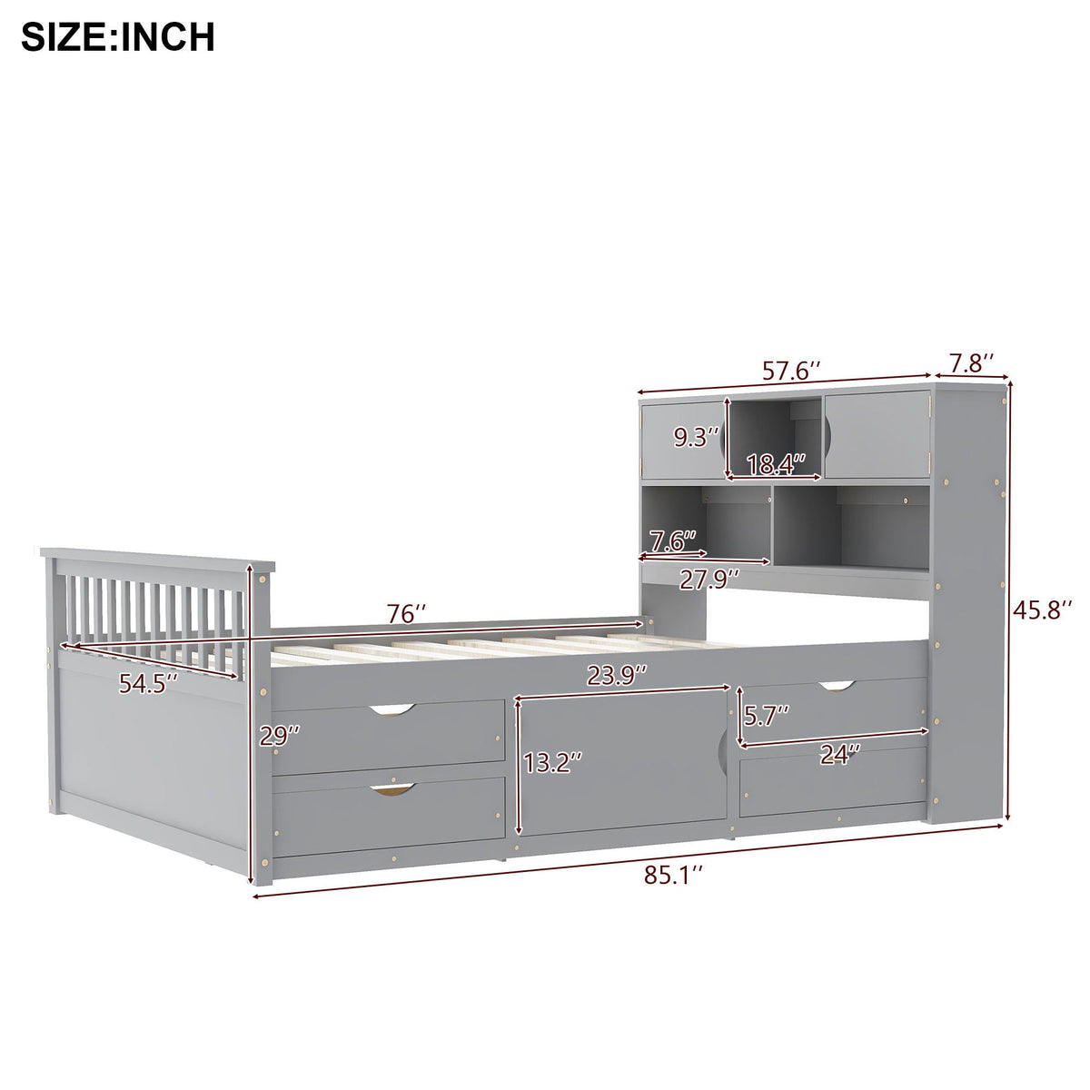 Captain Platform Bed Frame With Bookcase Headboard, 4 Drawers, Storage Shelves