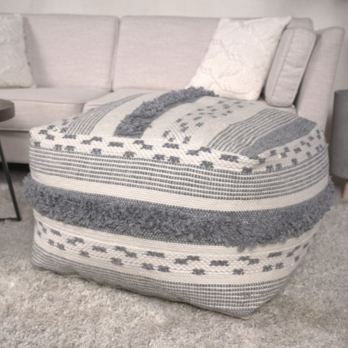 Karim - Faux Yarn Large Pouf, Durable - Ivory / Gray