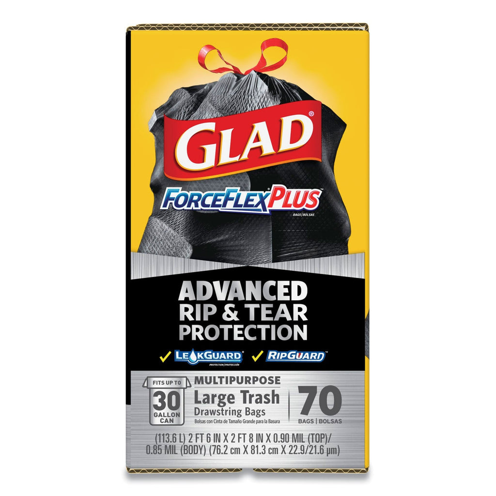 Glad ForceFlexPlus Drawstring Large Trash Bags, 30 gal, 1.05 mil, 30" x 32", Black, 70/Box