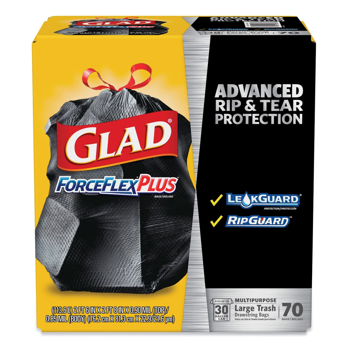 Glad ForceFlexPlus Drawstring Large Trash Bags, 30 gal, 1.05 mil, 30" x 32", Black, 70/Box