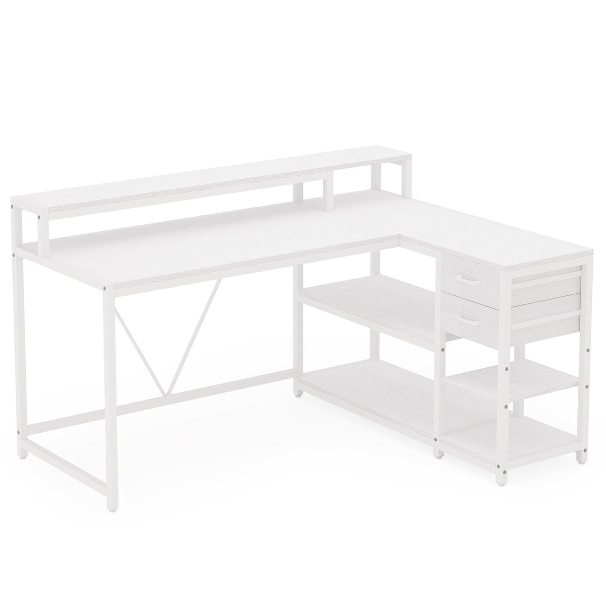 L-Shaped Home Office Desk With Monitor Riser, Drawers, And Storage Shelves