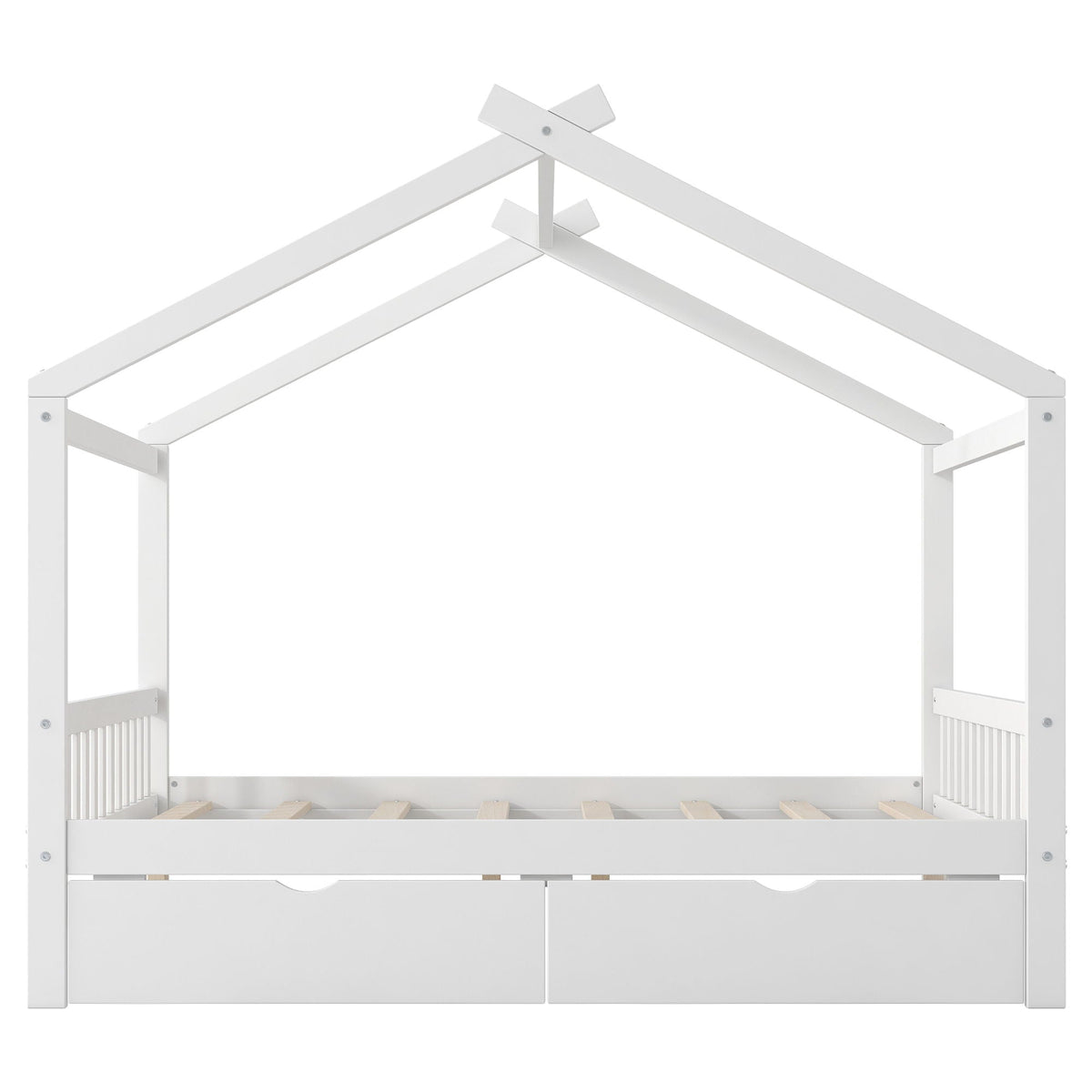 House Style Platform Bed With Headboard, Footboard, 2 Drawers, And Roof Design