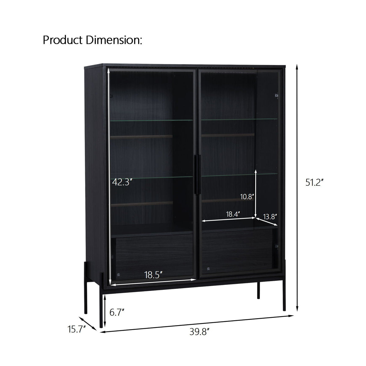 Modern Minimalist Style LED Curio Cabinet With Tempered Glass Door, Metal Legs