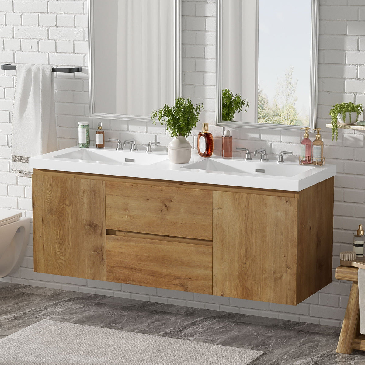 Double Sink Bathroom Vanity, Cabinet & Soft Close Doors, Divided Drawers, Wall Mounted Storage - Wood