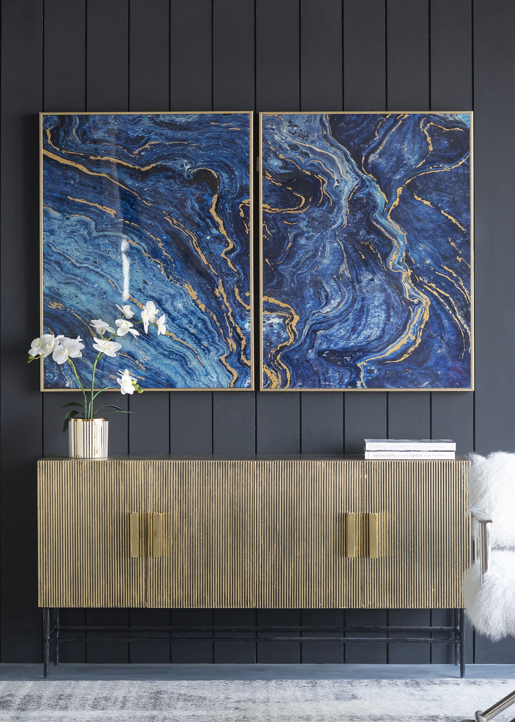 Framed Art Panels, Unique Marbled Design (Set of 2) - Blue
