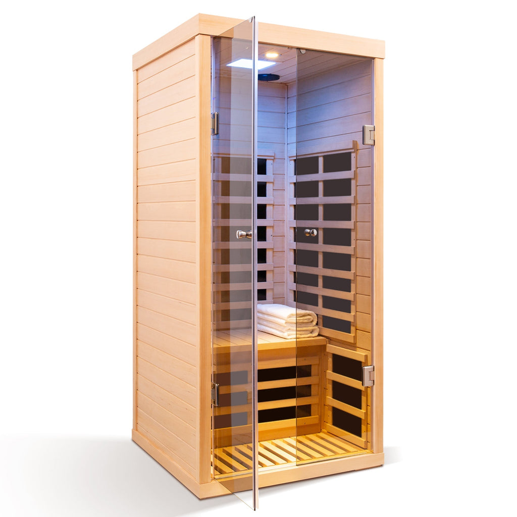 Luxury Indoor Low EMF Far Infrared Sauna Room with Hemlock Wood and Glass Double Doors