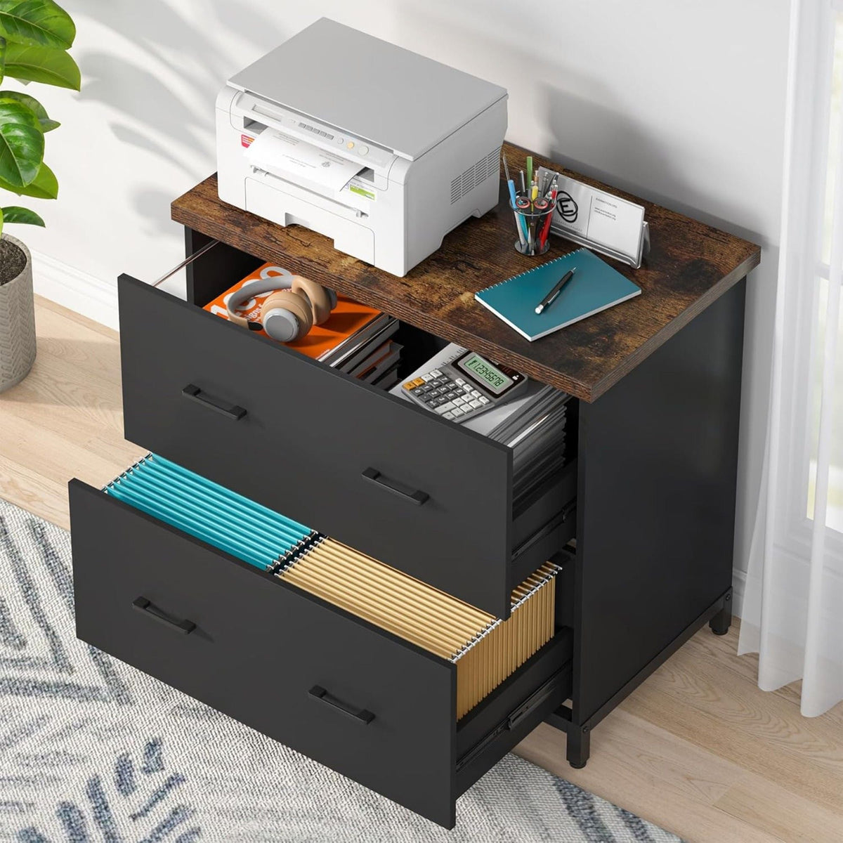 2 Drawer Lateral File Cabinet, A4 / Letter Size, Heavy Duty Storage For Home Office - Brown / Black