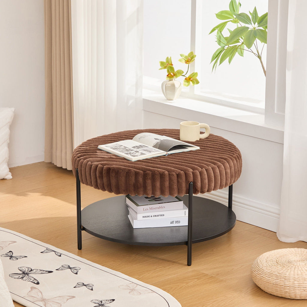 Modern Upholstered Round Ottoman Coffee Table With Storage Shelf