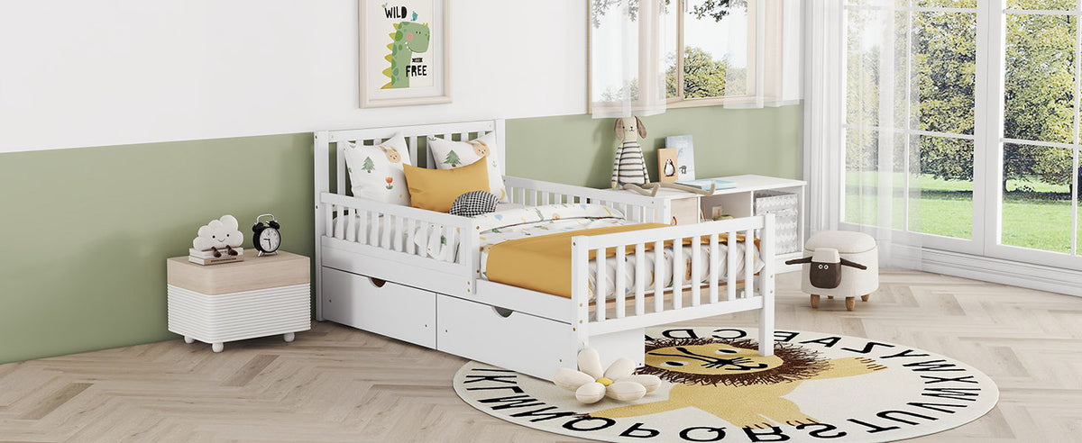 Platform Bed With Guardrails On Both Sides And 2 Storage Drawers