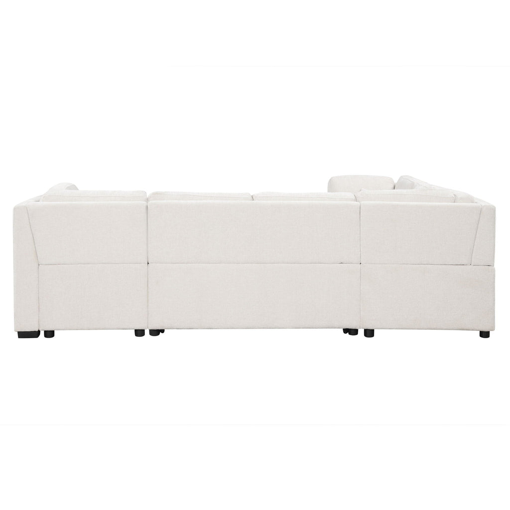 U-Shaped Sectional Sofa Pull Out Sofa Bed With Two USB Ports, Two Power Sockets, Three Back Pillows And A Storage Chaise For Living Room