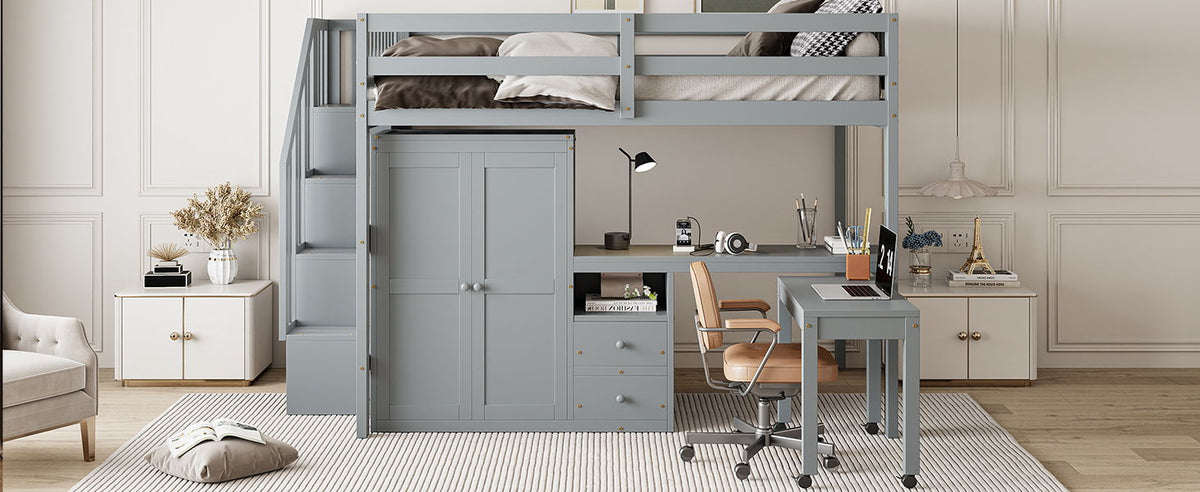 Loft Bed With Stairs, Bookshelf, Drawers, Desk & Wardrobe, Space Saving Multifunctional Furniture