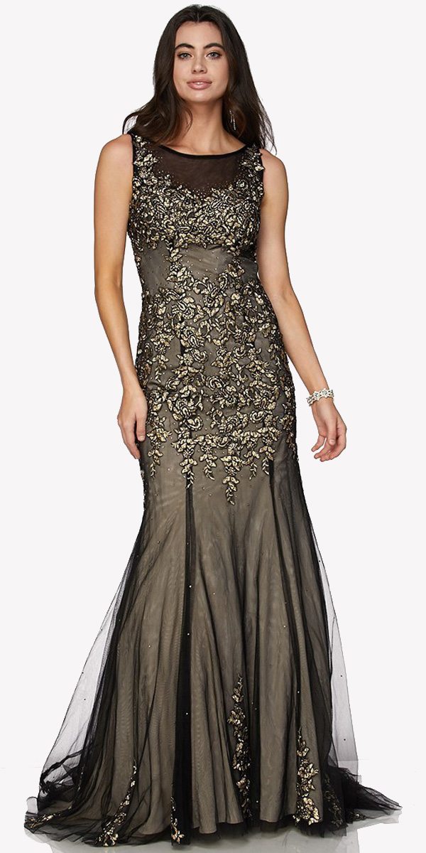 Juliet 656 Sleeveless Appliqued Mermaid Gown Godets and Train