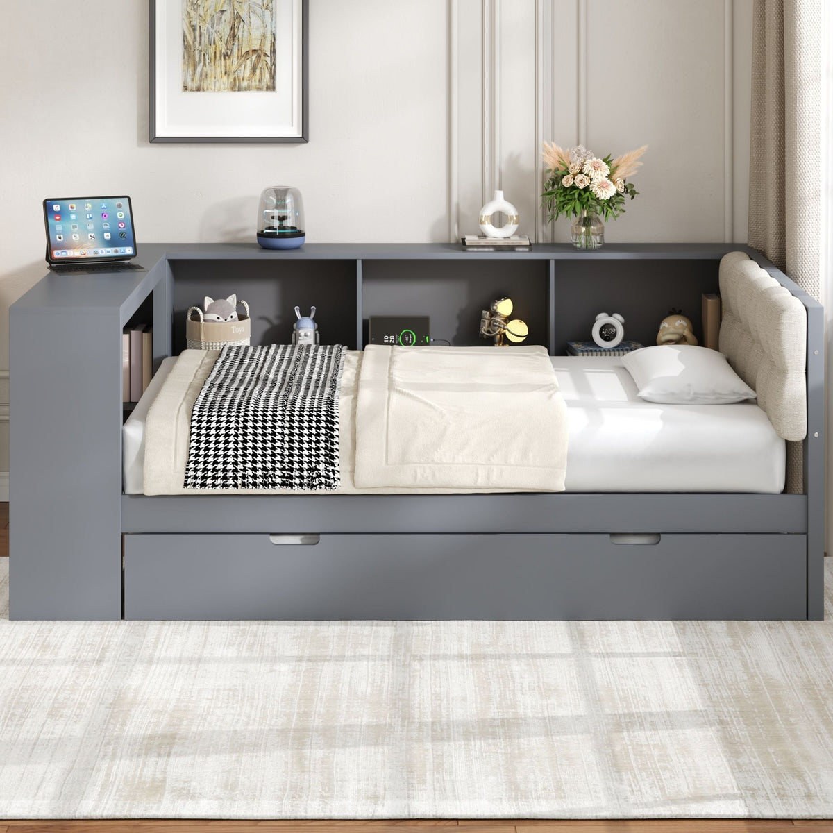 Upholstered Headboard Platform Bed with Storage Shelves, Trundle, and Charging Station