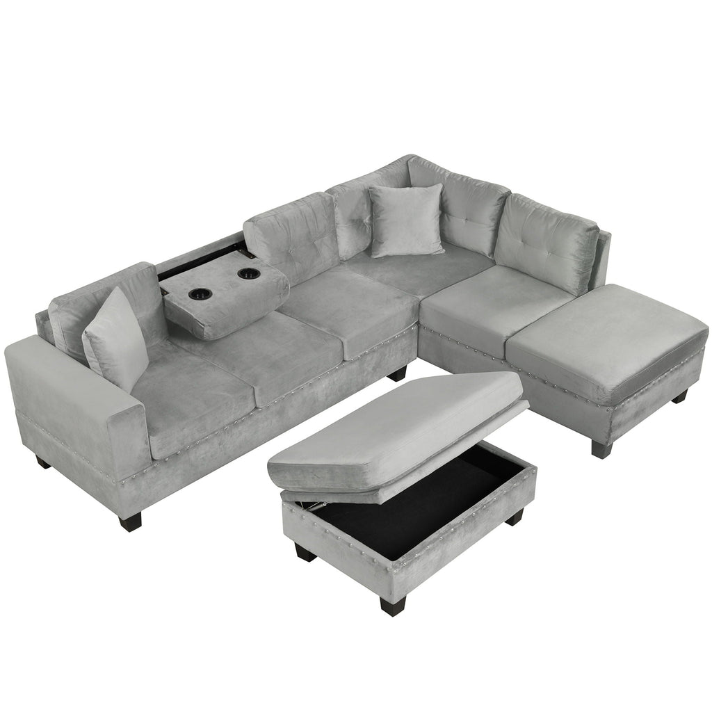 Modern Sectional Sofa With Storage Ottoman, L - Shape Couch With 2 Pillows And Cup Holders
