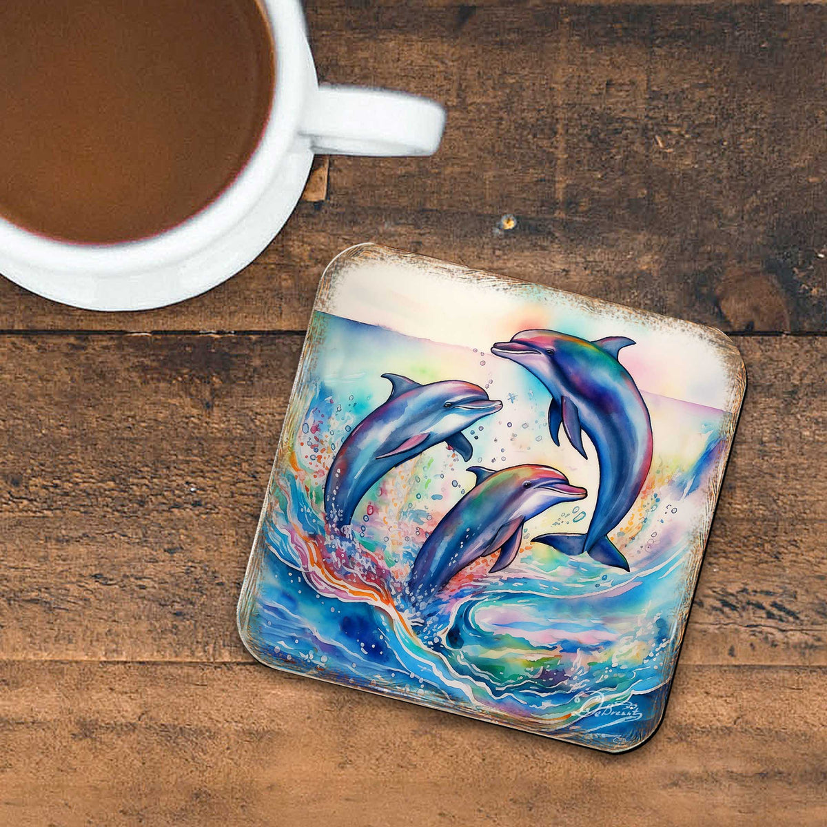 Dolphins Wooden Cork Coasters Gift Set of 4 by G. Debrekht - Coastal Holiday Decor  - 8199450-3C-S4