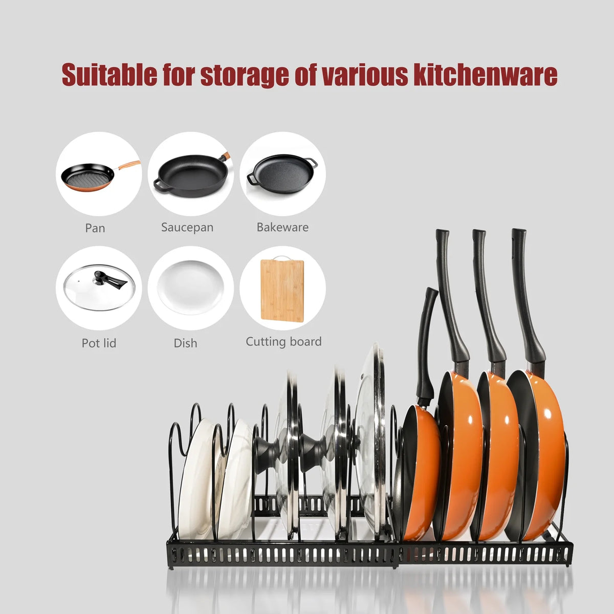 Expandable Pots and Pans Lid Organizer Rack, Cabinet Organizer with 10 Adjustable Compartment