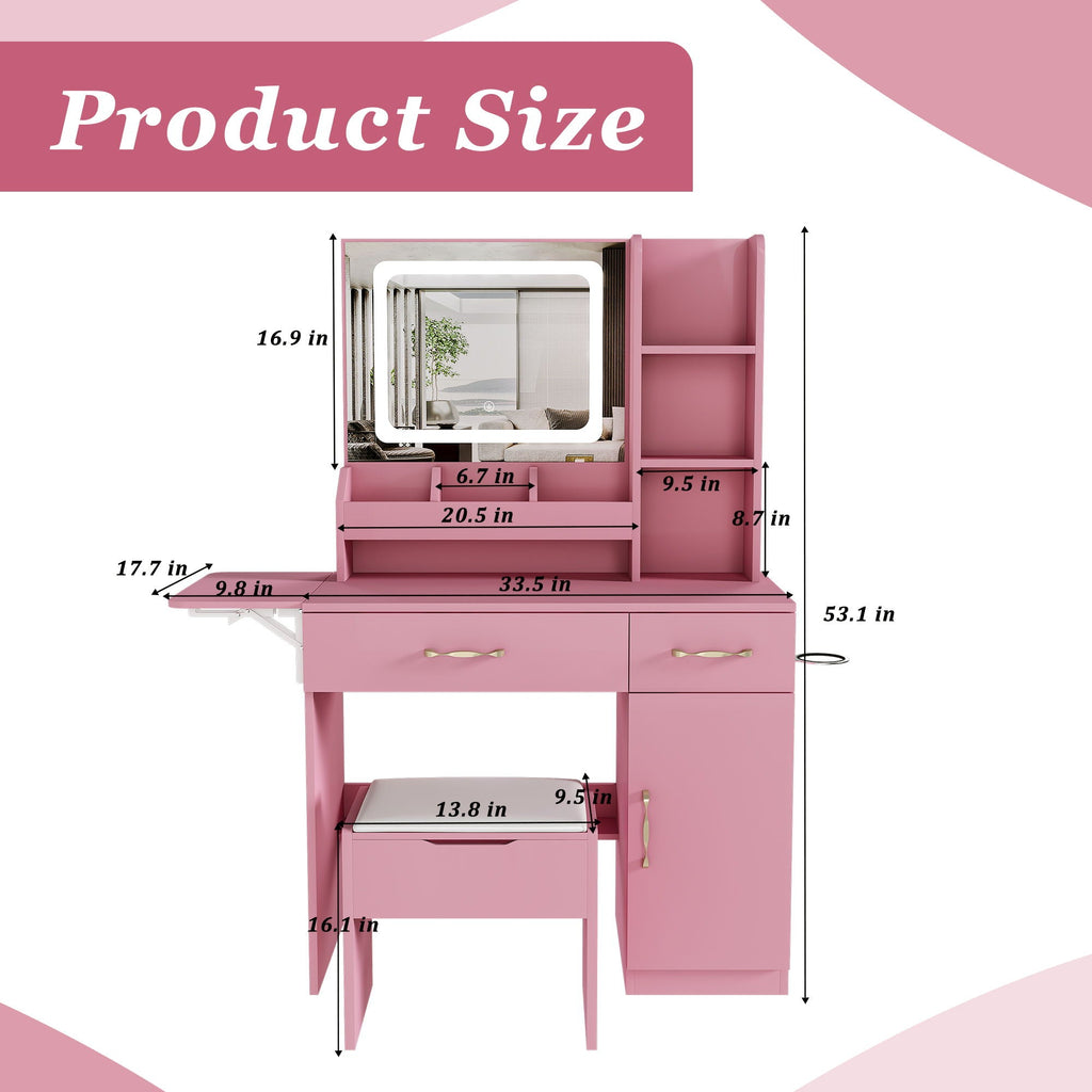 Vanity Desk With LED Mirror Lights And Power Outlet Charging Station, 3 Drawers, 7 Shelves, Storage Stool - Pink