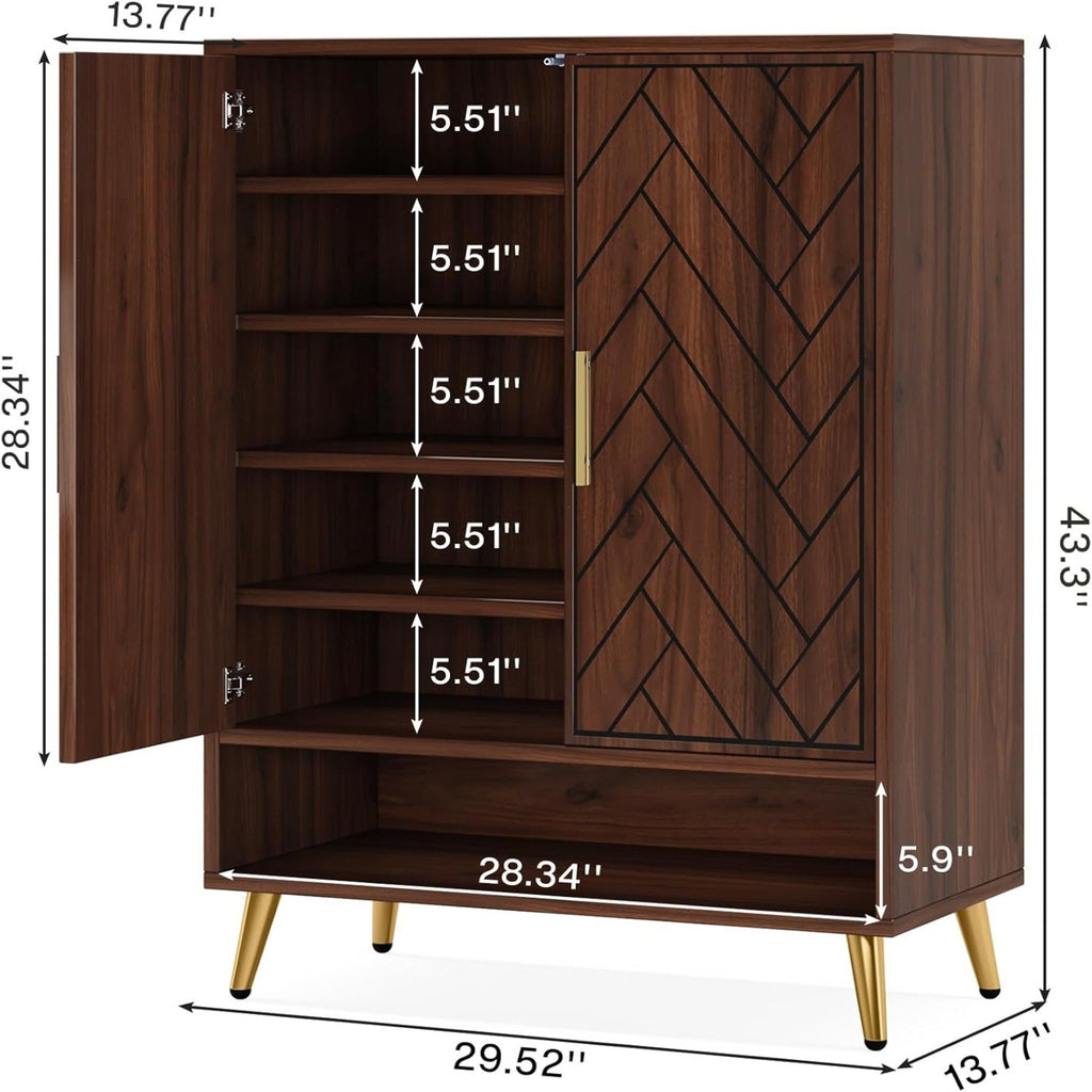 6 Tier Wooden Entryway Shoe Cabinet, Wide Storage Unit For 24 Pairs Of Shoes - Walnut